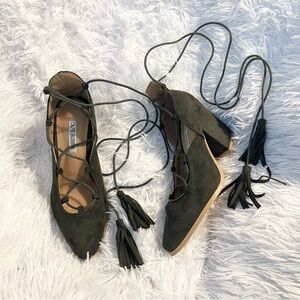 Olive Green Lace-Up ballerina Block pointed Heels